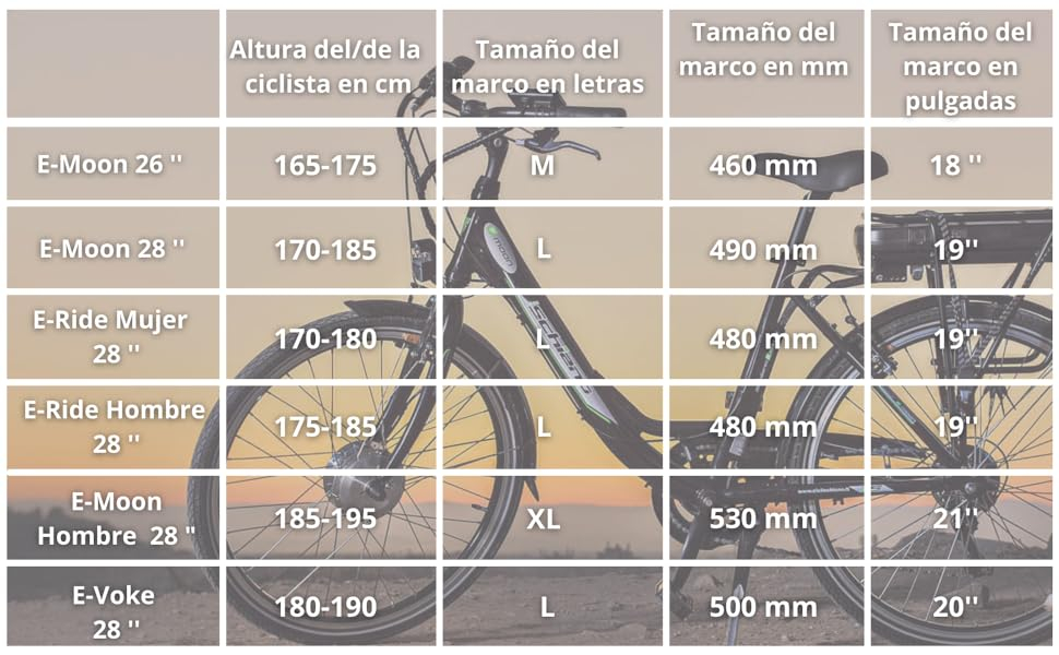 Chiano-maattabel, e-bikes